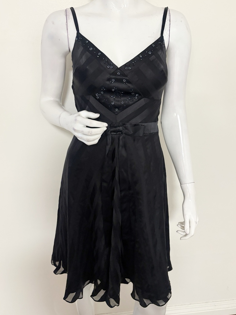 Vintage 90s Betsey Johnson New York Black Striped Beaded Fit & Flare Midi Dress